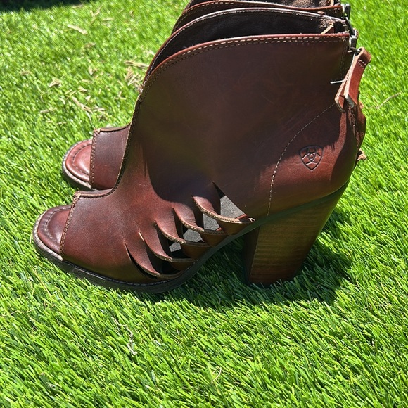 Brown Leather Peep-Toe Ankle Boots - Picture 1 of 8
